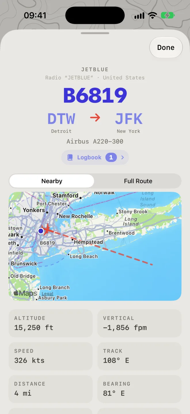 Flight details for JetBlue B6819: a map of the aircraft east of Manhattan with its path, and tiles for altitude, vertical speed, speed and track.