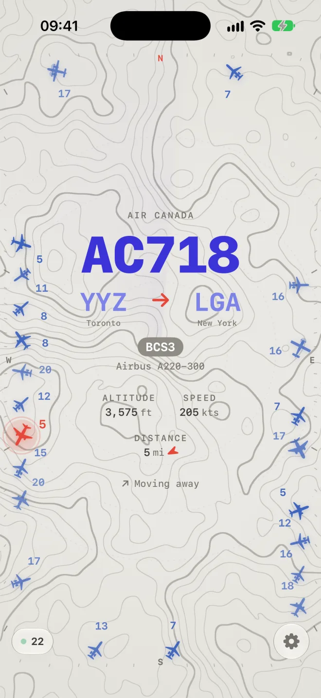 The radar in light mode: Air Canada AC718 from Toronto to LaGuardia in the center, an Airbus A220-300 at 3,575 feet, with aircraft and mile labels around the edge.