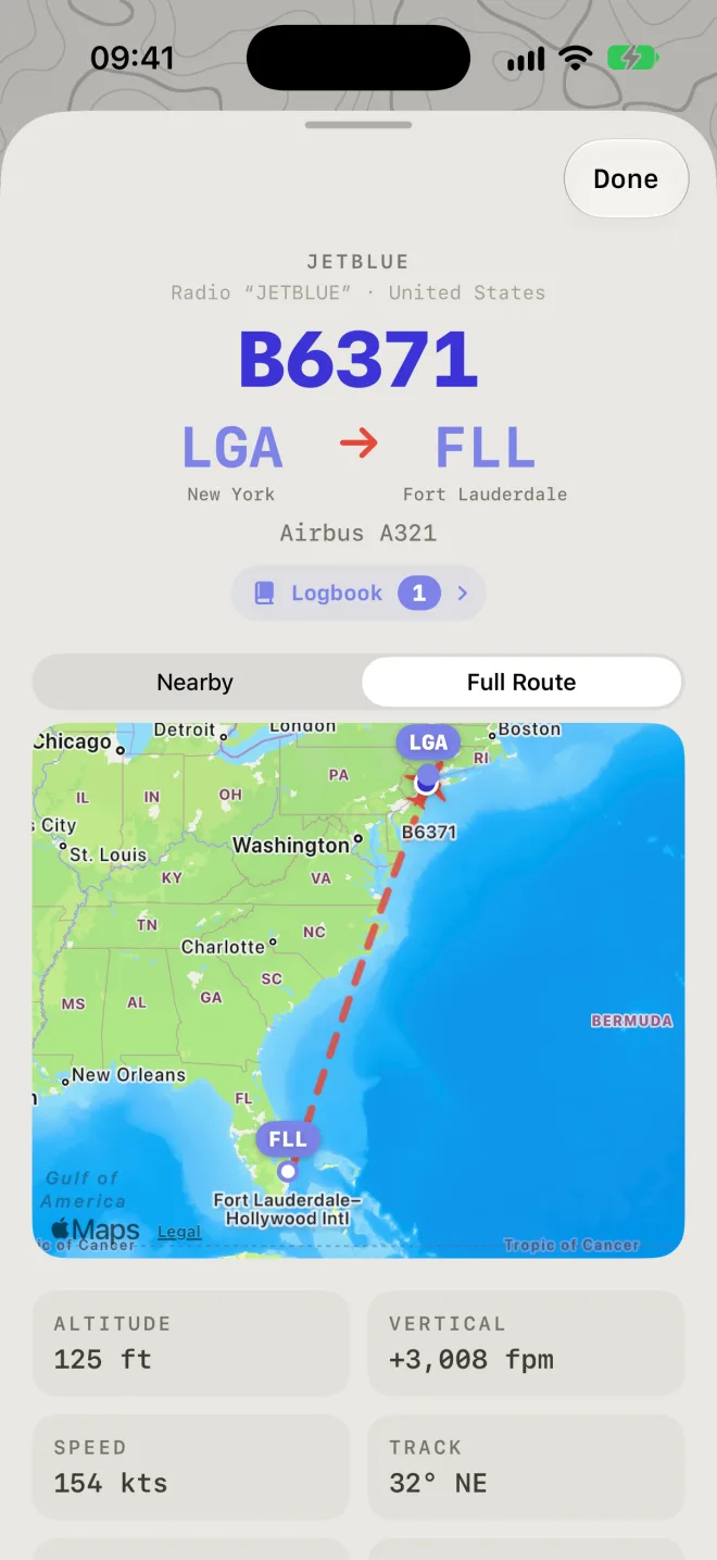 The full route of JetBlue B6371 from LaGuardia to Fort Lauderdale drawn down the East Coast.