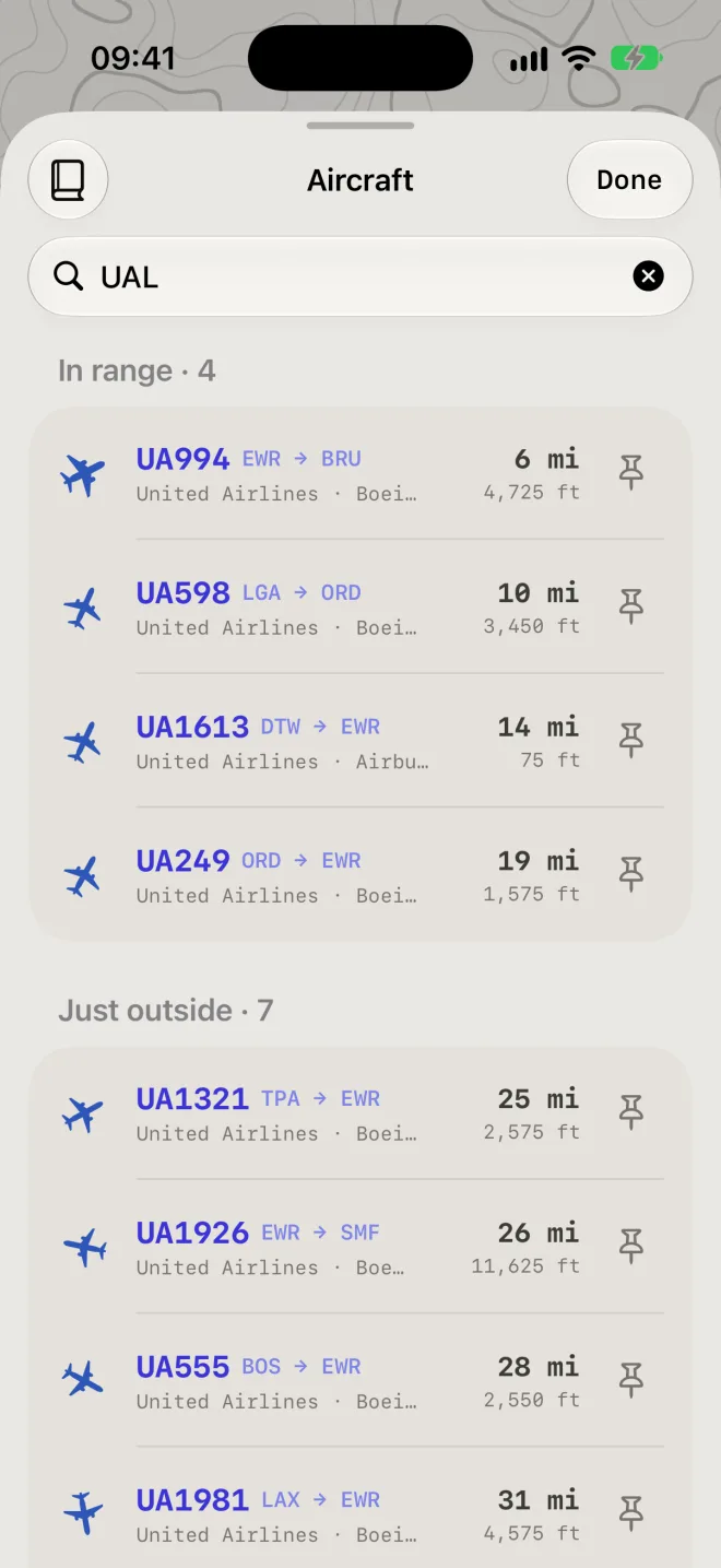 Searching for UAL: four United flights in range, seven just outside and more worldwide.