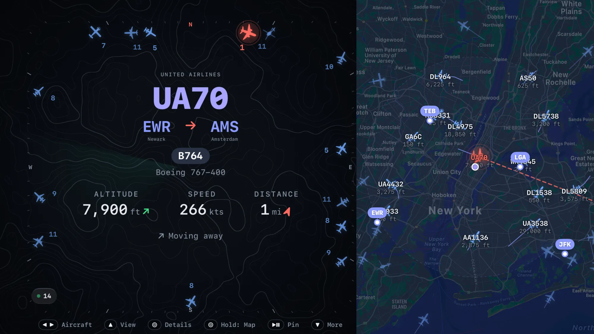 Apple TV in Split view: United UA70 from Newark to Amsterdam on the radar, beside a map of New York traffic.