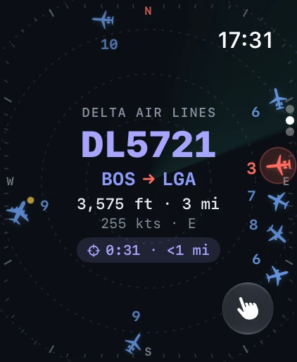 The Watch radar: Delta DL5721 from Boston to LaGuardia, 3 miles away, with aircraft around the edge.